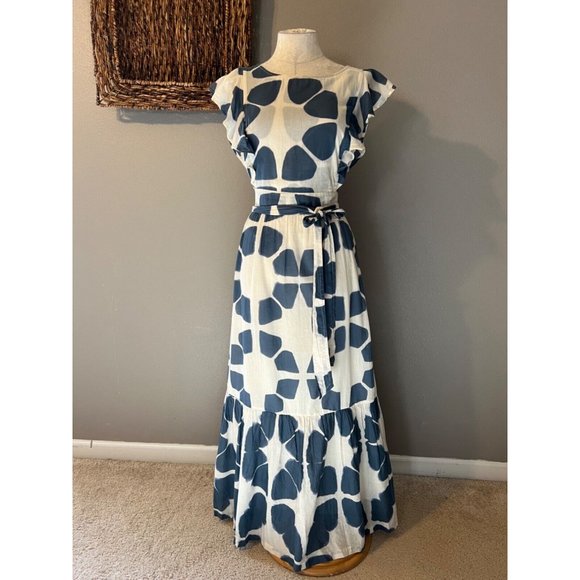 The Odells Maxi Seville Dress Cream Blue Cotton Washable - Picture 2 of 16